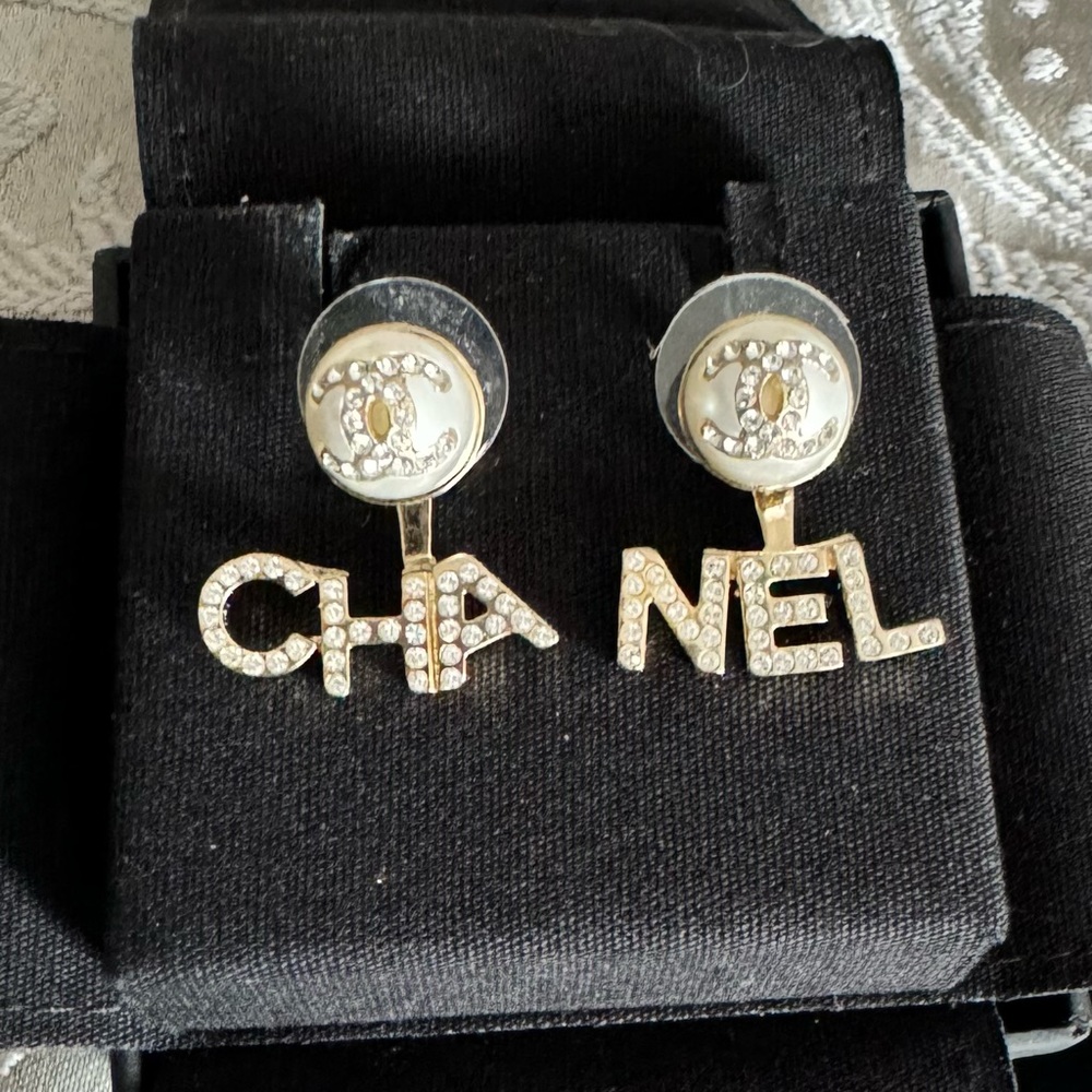 CHANEL Gold, Pearly White and Crystal Two way LOGO Earrings (NWT)